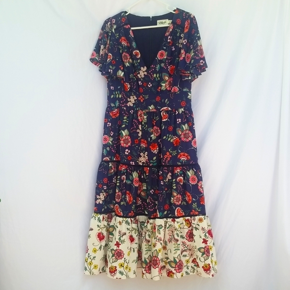 Eliza J women's navy blue red cream floral midi dress flutter sleeves size 10